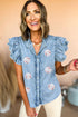 Sequin Baseball Frayed Denim Ruffle Sleeve Button Graphic Tee