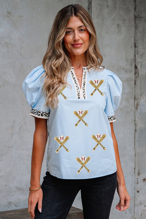 Sequin Baseball Graphic Leopard Print Puff Sleeve Top