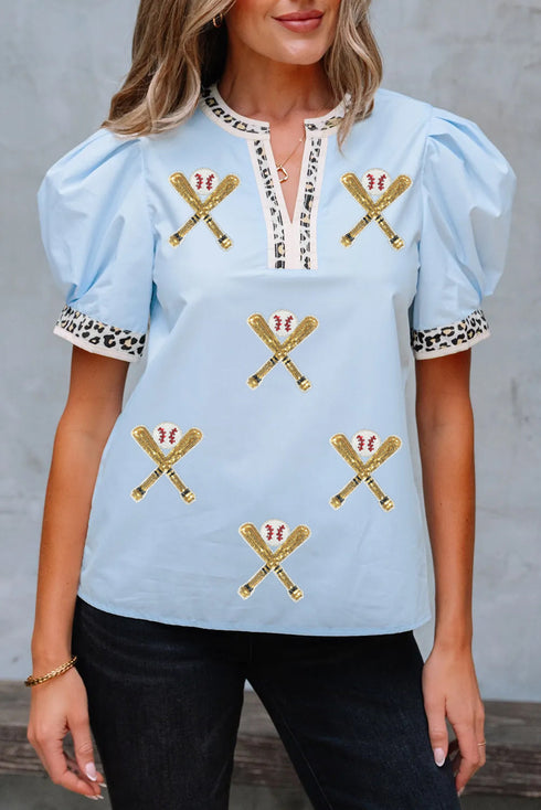 Sequin Baseball Graphic Leopard Print Puff Sleeve Top