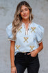 Sequin Baseball Graphic Leopard Print Puff Sleeve Top