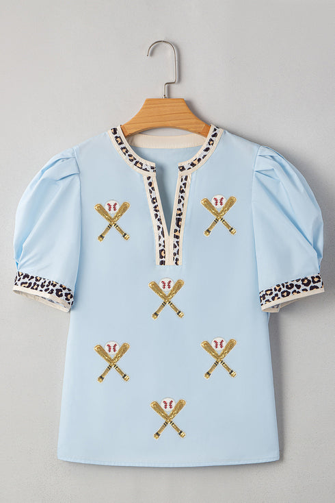 Sequin Baseball Graphic Leopard Print Puff Sleeve Top