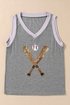 Sequin Baseball Graphic Ribbed V Neck Tank Top