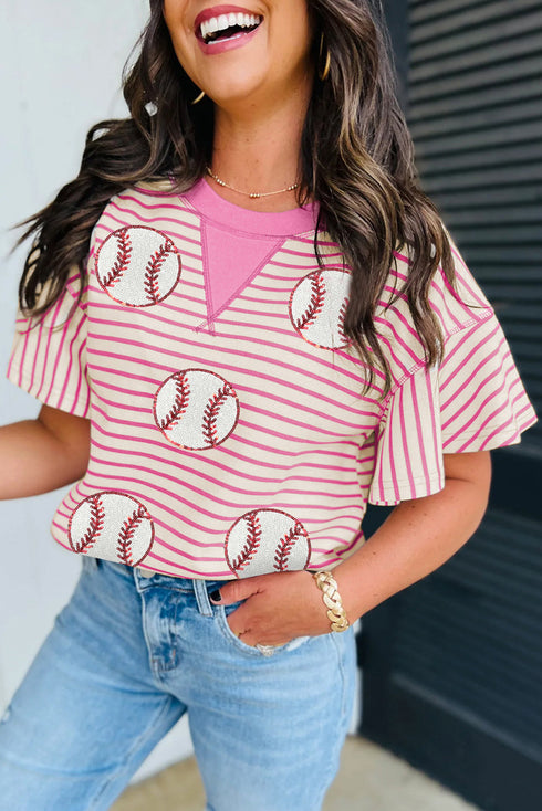 Sequin Baseball Graphic Striped Ruffle Sleeve Knit Tee
