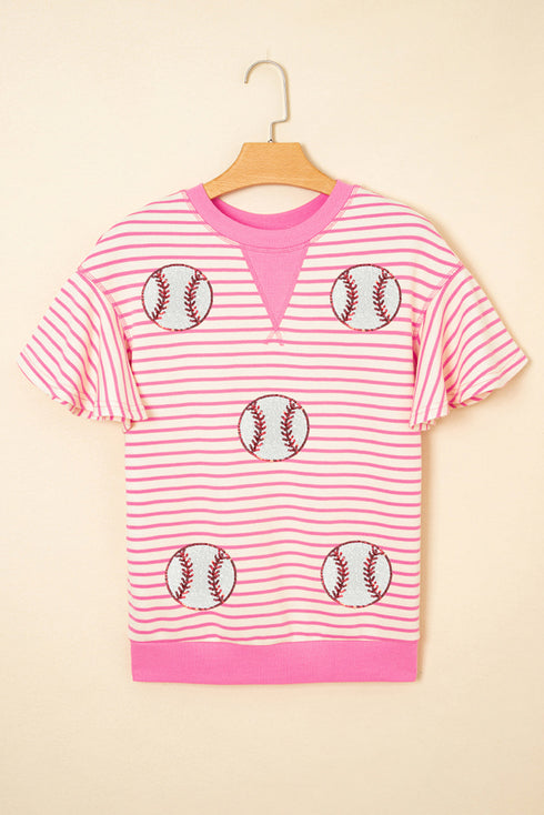 Sequin Baseball Graphic Striped Ruffle Sleeve Knit Tee