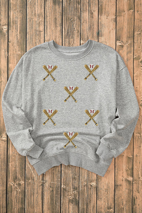 Sequin Baseball Patch Crew Neck Pullover Sweatshirt