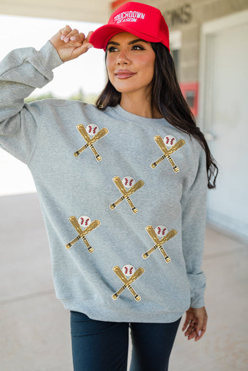 Sequin Baseball Patch Crew Neck Pullover Sweatshirt