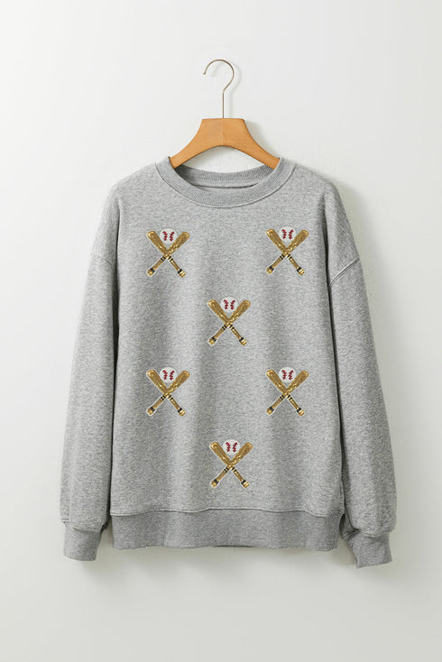 Sequin Baseball Patch Crew Neck Pullover Sweatshirt