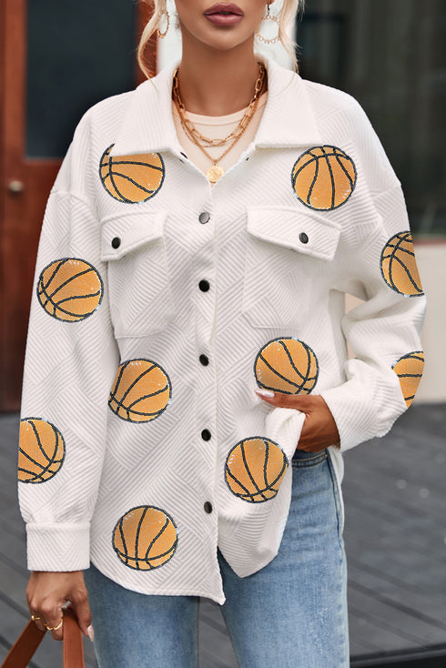 Sequin Basketball Graphic Textured Snap Button Jacket