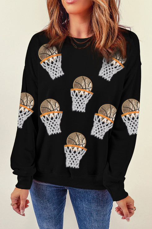 Sequin Basketball Patch Crew Neck Pullover Sweatshirt