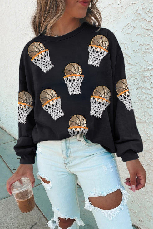 Sequin Basketball Patch Crew Neck Pullover Sweatshirt