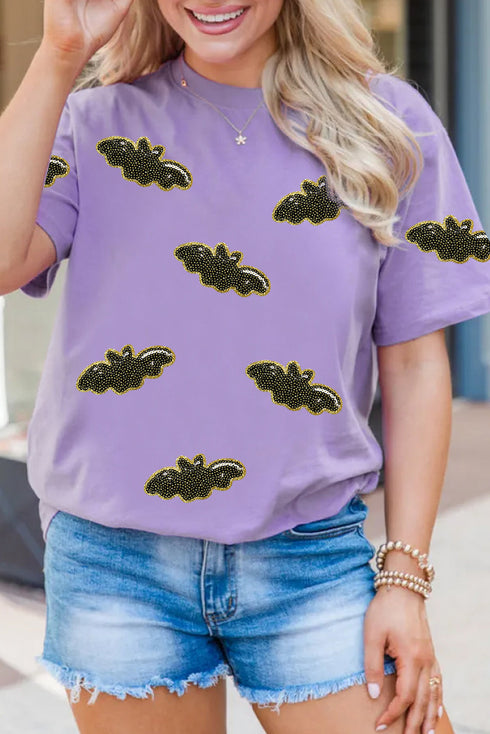 Sequin Bat Patch Crew Neck Short Sleeve Tee