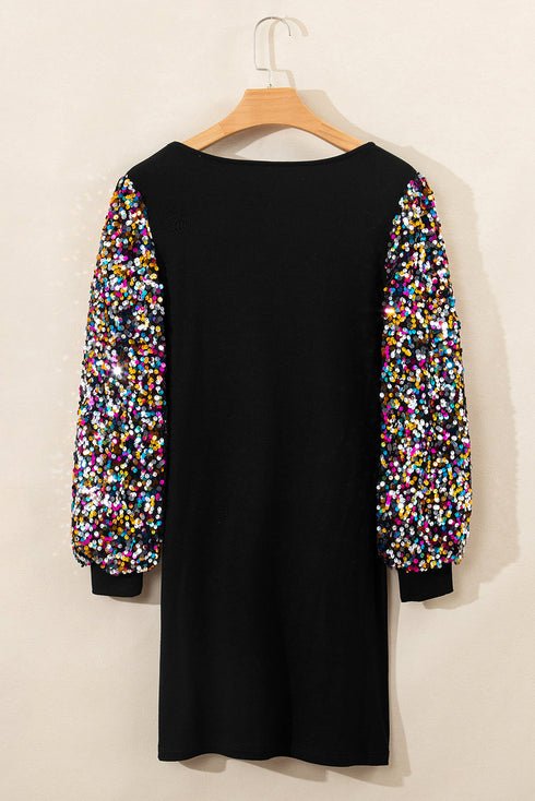 Sequin Bishop Sleeve U Neck Mini Sweater Dresses