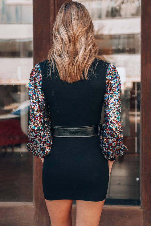 Sequin Bishop Sleeve U Neck Mini Sweater Dresses