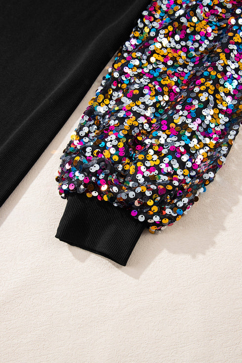 Sequin Bishop Sleeve U Neck Mini Sweater Dresses