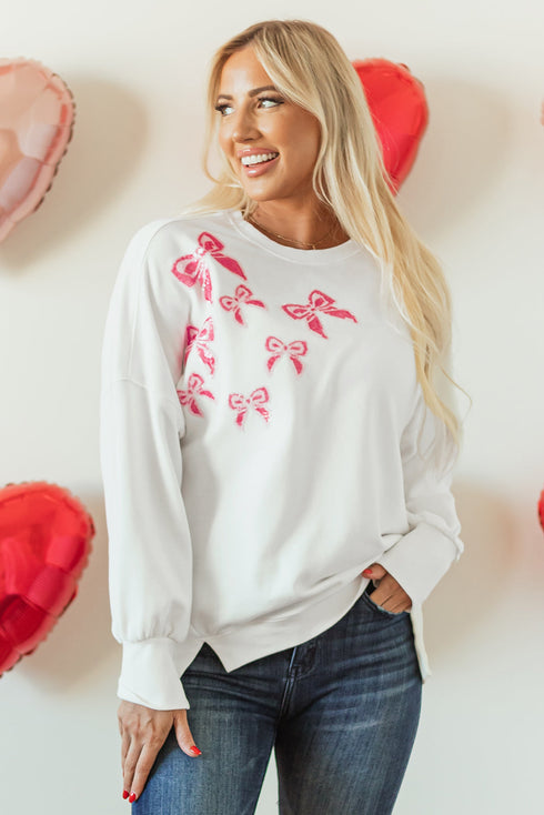 Sequin Bow Balloon Sleeve Oversized High Low Sweatshirt