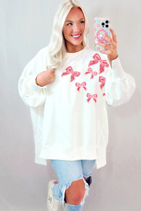 Sequin Bow Balloon Sleeve Oversized High Low Sweatshirt