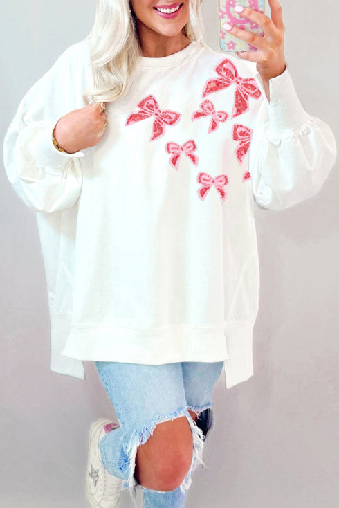 Sequin Bow Balloon Sleeve Oversized High Low Sweatshirt