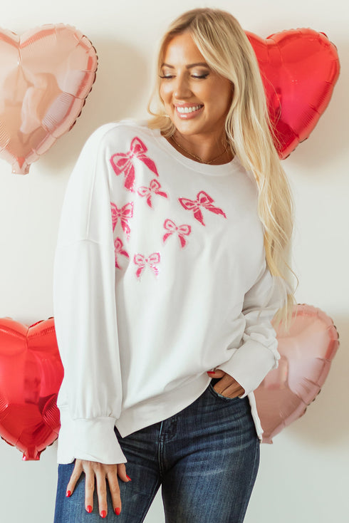 Sequin Bow Balloon Sleeve Oversized High Low Sweatshirt