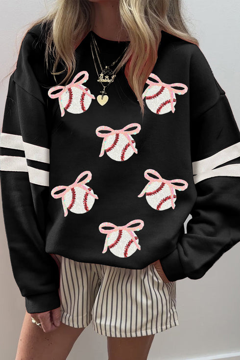 Sequin Bow Baseball Varsity Stripe Pullover Sweatshirt
