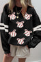 Sequin Bow Baseball Varsity Stripe Pullover Sweatshirt