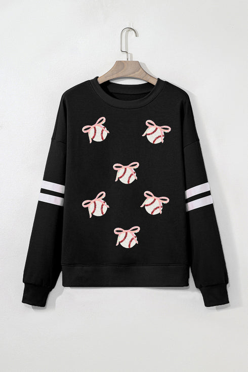 Sequin Bow Baseball Varsity Stripe Pullover Sweatshirt