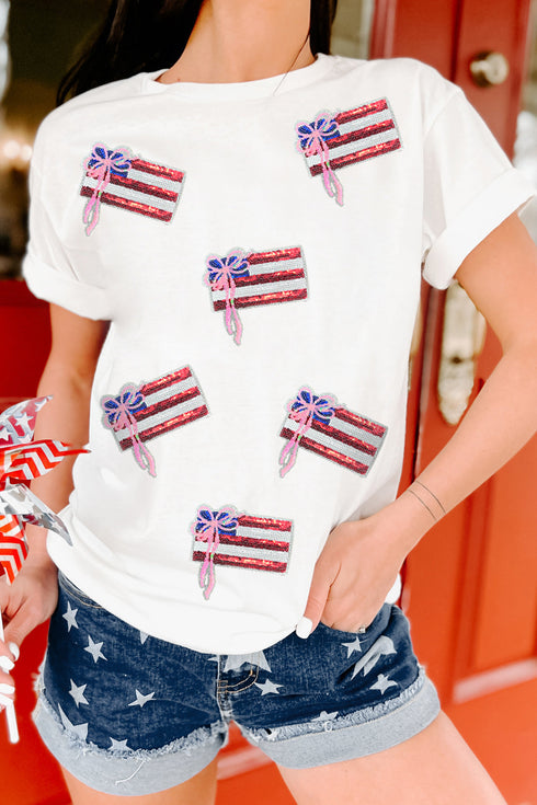 Sequin Bow Flag Patch Short Sleeve Graphic Tee