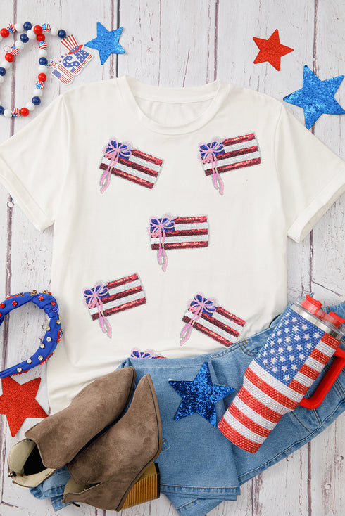 Sequin Bow Flag Patch Short Sleeve Graphic Tee