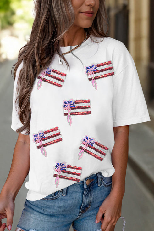 Sequin Bow Flag Patch Short Sleeve Graphic Tee