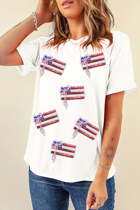 Sequin Bow Flag Patch Short Sleeve Graphic Tee