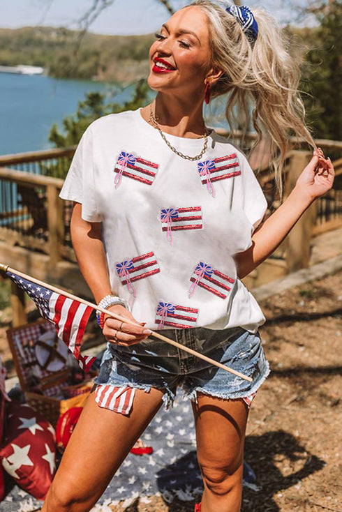 Sequin Bow Flag Patch Short Sleeve Graphic Tee