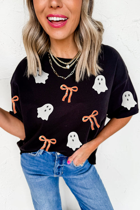 Sequin Bow Ghost Patch Crew Neck Graphic Tee