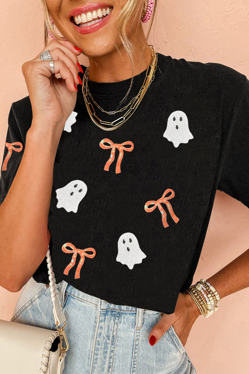 Sequin Bow Ghost Patch Crew Neck Graphic Tee