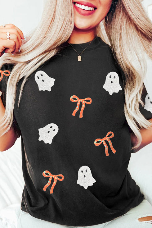 Sequin Bow Ghost Patch Crew Neck Graphic Tee