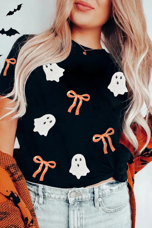 Sequin Bow Ghost Patch Crew Neck Graphic Tee
