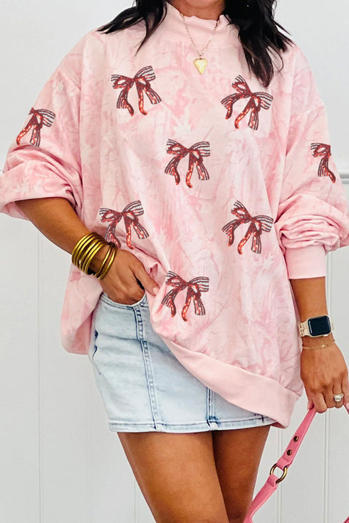 Sequin Bow Mock Neck Oversized Pullover Sweatshirt
