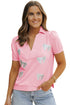 Sequin Bow Patch Collared V Neck Puff Sleeve Tee