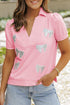 Sequin Bow Patch Collared V Neck Puff Sleeve Tee