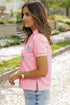 Sequin Bow Patch Collared V Neck Puff Sleeve Tee