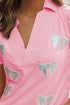 Sequin Bow Patch Collared V Neck Puff Sleeve Tee