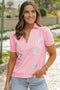 Sequin Bow Patch Collared V Neck Puff Sleeve Tee