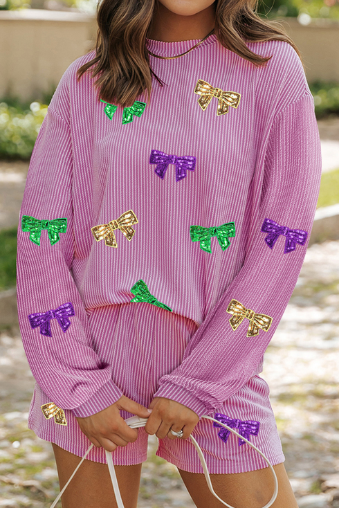 Sequin Bow Patched Corded Long Sleeve Shorts Graphic Set