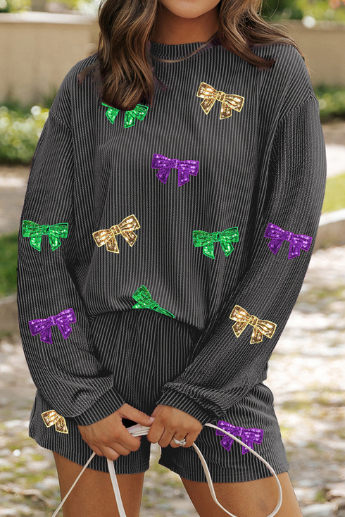 Sequin Bow Patched Corded Long Sleeve Shorts Graphic Set