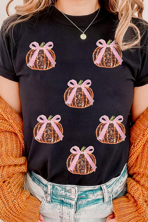 Sequin Bow Pumpkin Graphic Cotton Blend Tee