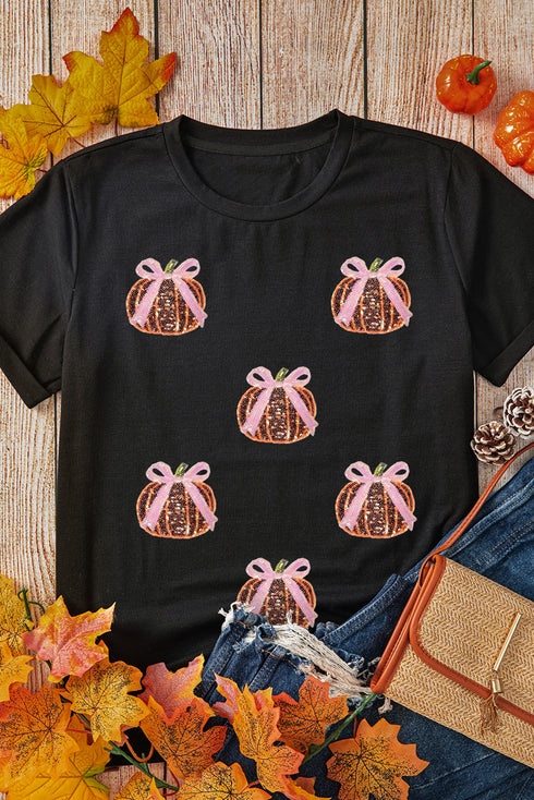 Sequin Bow Pumpkin Graphic Cotton Blend Tee