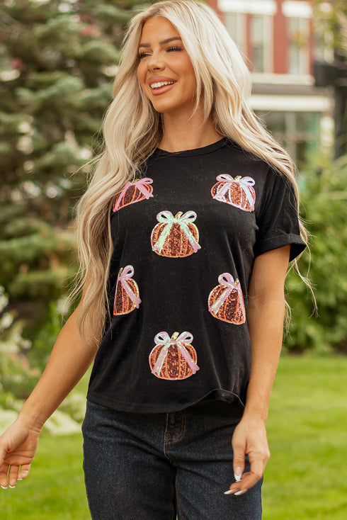 Sequin Bow Pumpkin Graphic Cotton Blend Tee