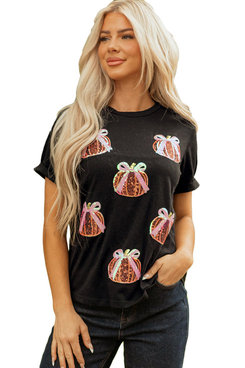 Sequin Bow Pumpkin Graphic Cotton Blend Tee