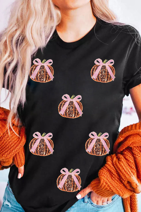 Sequin Bow Pumpkin Graphic Cotton Blend Tee