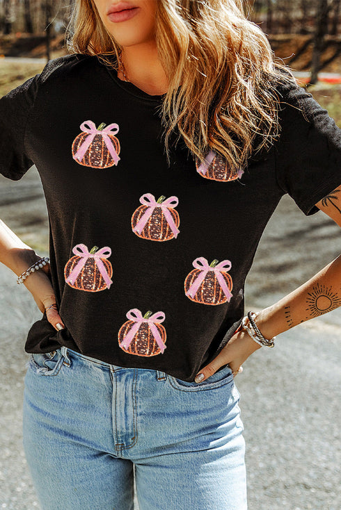 Sequin Bow Pumpkin Graphic Cotton Blend Tee