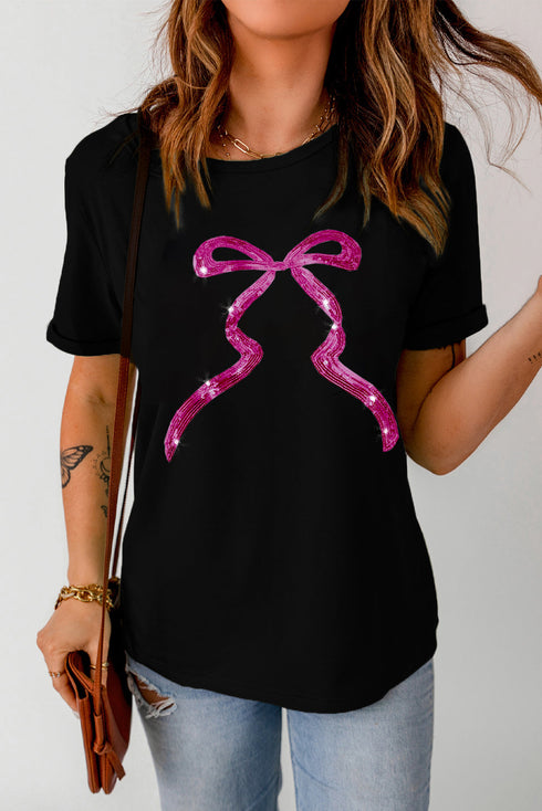 Sequin Bow Ribbon Graphic Short Sleeve Tee