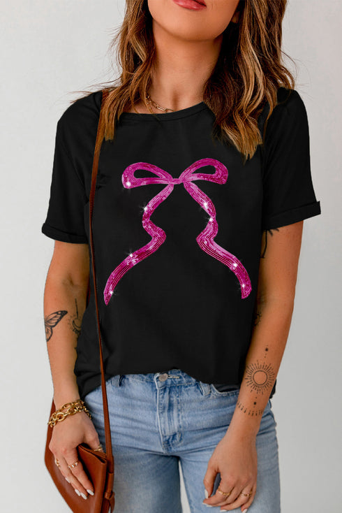 Sequin Bow Ribbon Graphic Short Sleeve Tee